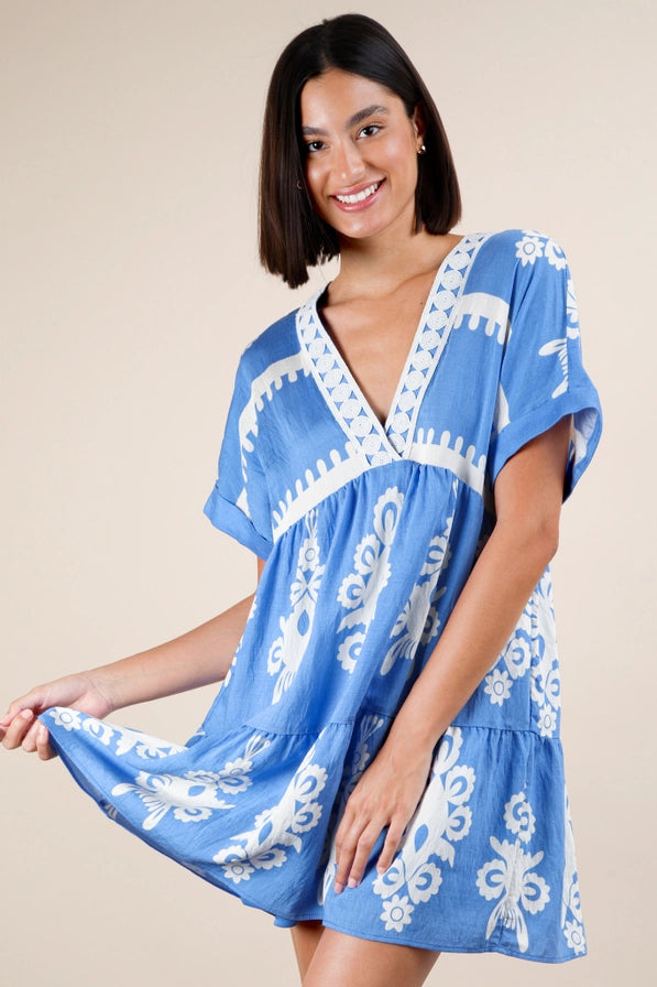 Printed V Neck Woven Mini Dress in Blue *COMING SOON*