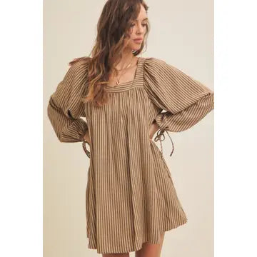 in february- Square Neck Stripe Mini Dress with Ribbon Tie BROWN