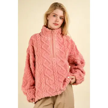 Fuzzy Fleece Cozy Cable Pattern Henley Top BLUSH