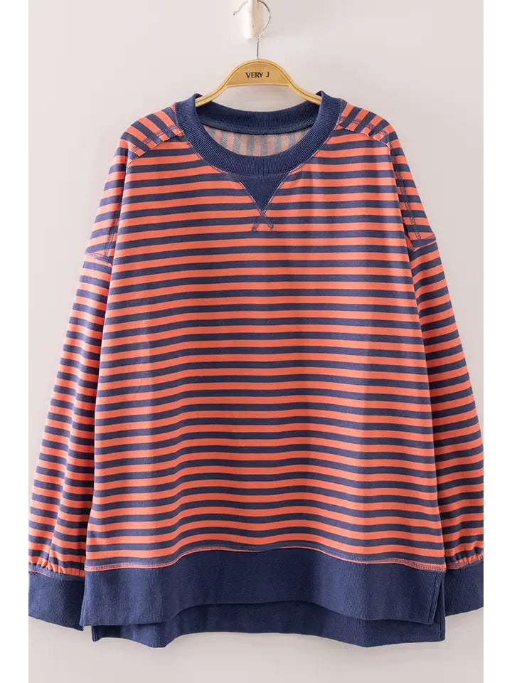 Very J- Stripe Comfy Casual Oversized Knit Top (Coral/Navy)