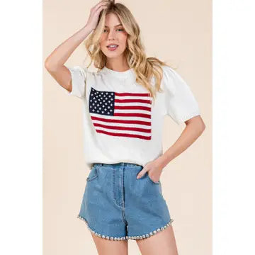 GeeGee Clothing- American Flag Short Sleeve Knit Top