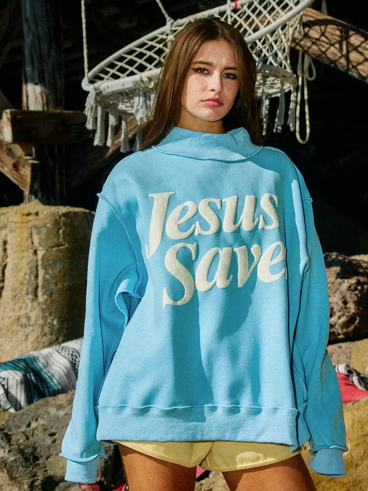'jesussaves' Print Mock Neck Sweatshirt