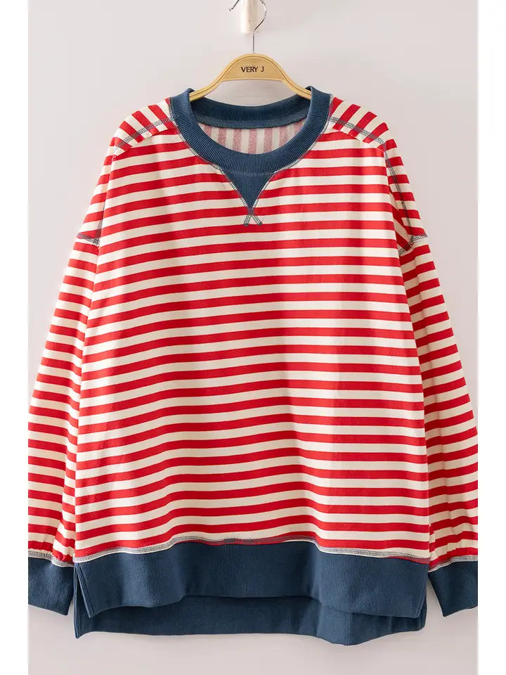 Very J- Stripe Comfy Casual Oversized Knit Top (Red/Cream)