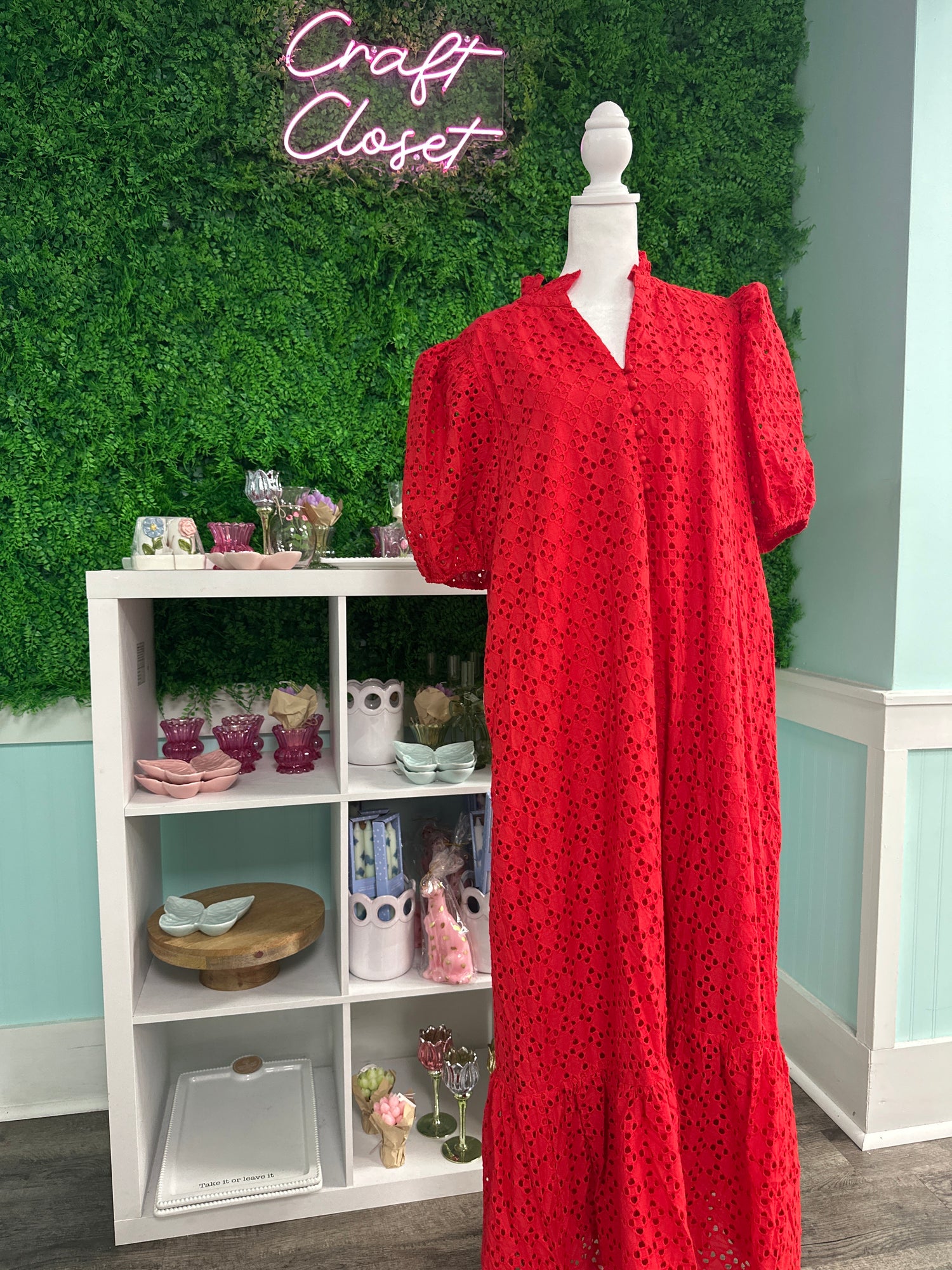 ENTRO Eyelet Short Puff Sleeve Midi Dress In Red PLUS Size