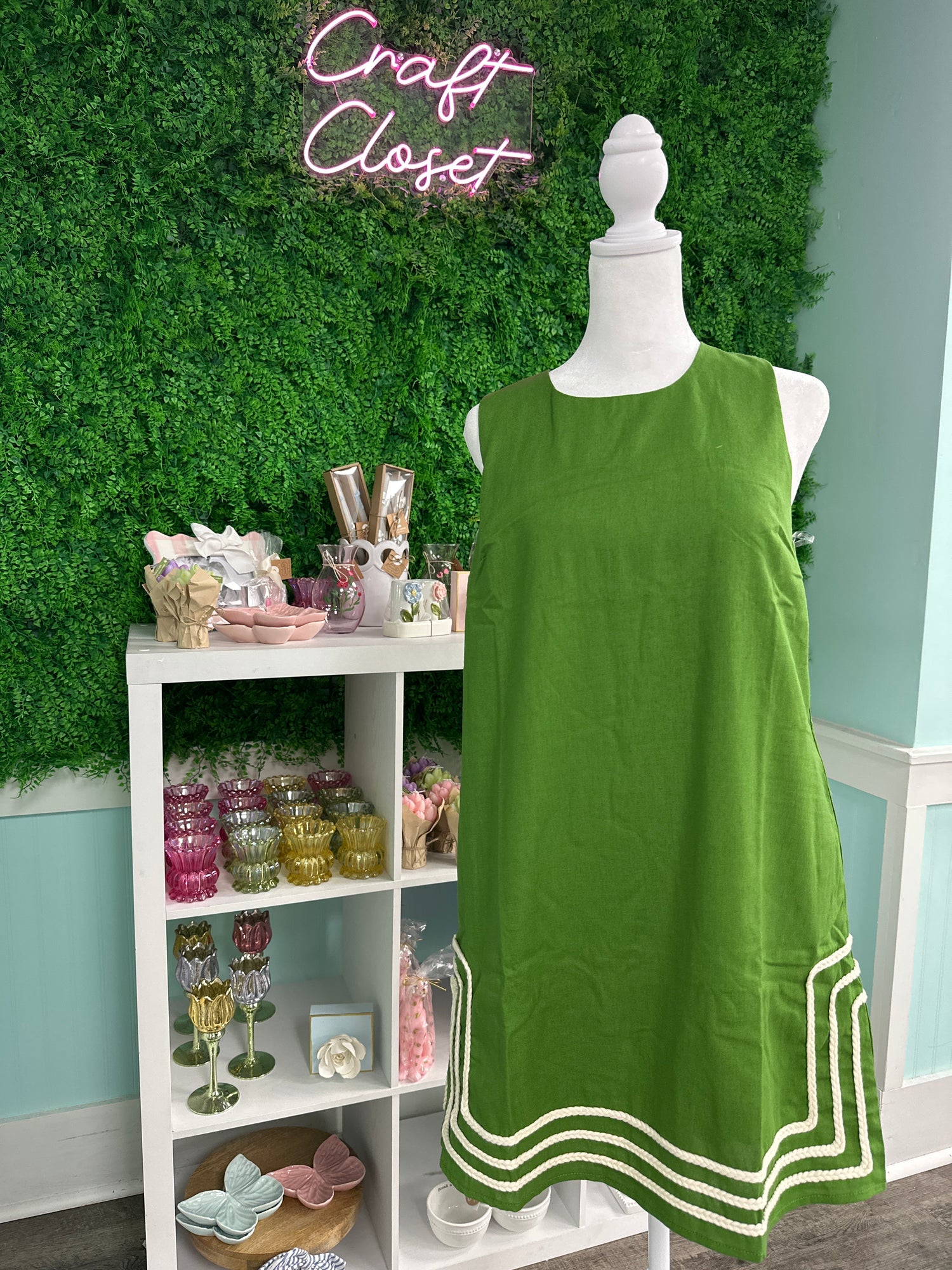 ENTRO Solid Sleeveless Mini Dress With Rope Trim In Matcha