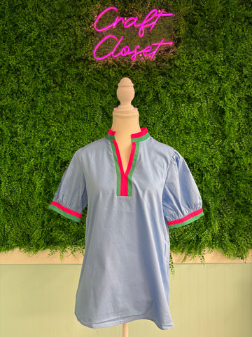Barefoot Ladies #2081 Sky Blue Contrast Striped V Neck Collision Short Puff Sleeve Blouse