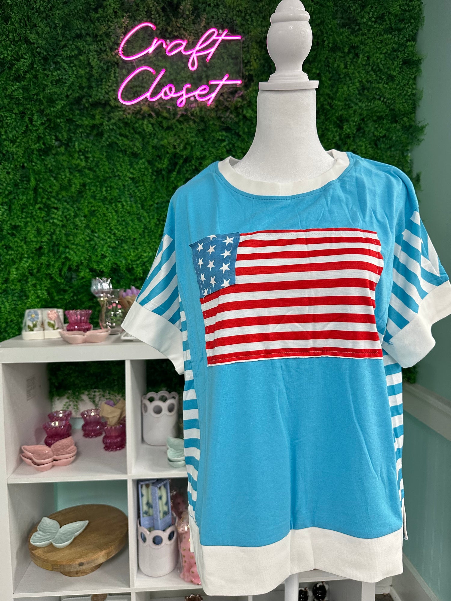 Barefoot Ladies American Flag Striped Blue Tee