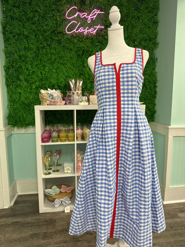 ENTRO Gingham Sleeveless Midi Dress With Contrast Trim In Light Blue