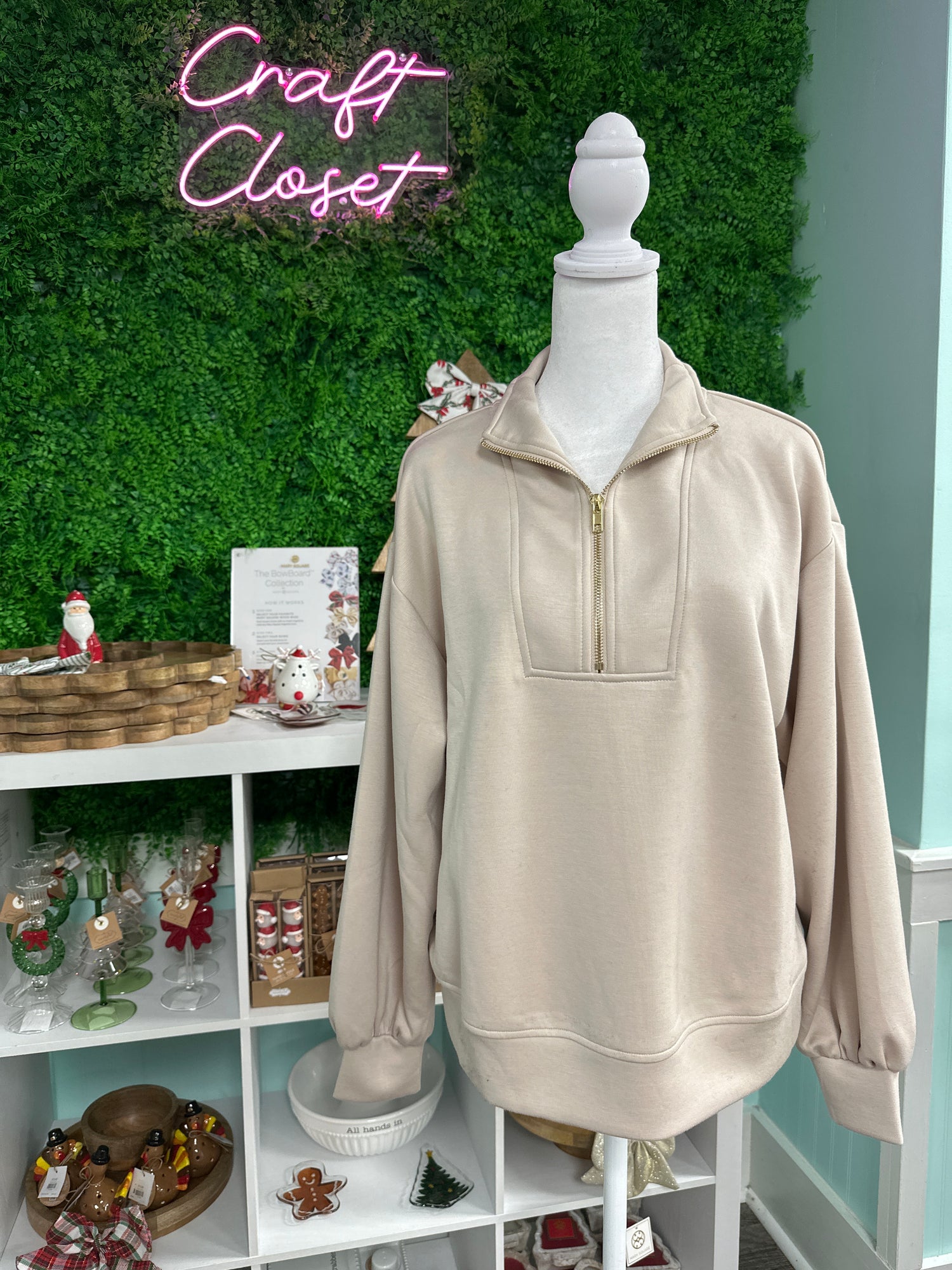 ENTRO Solid Long Sleeve Top With Half Zip In Almond