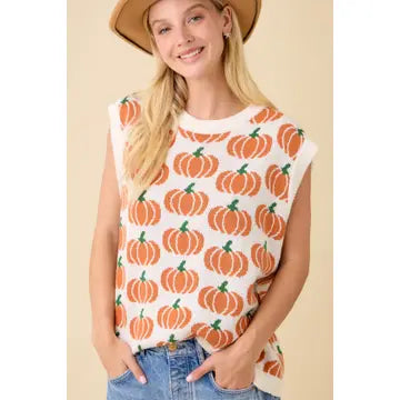 Main Strip- Pumpkin Print Sleeveless Sweater Knit Top