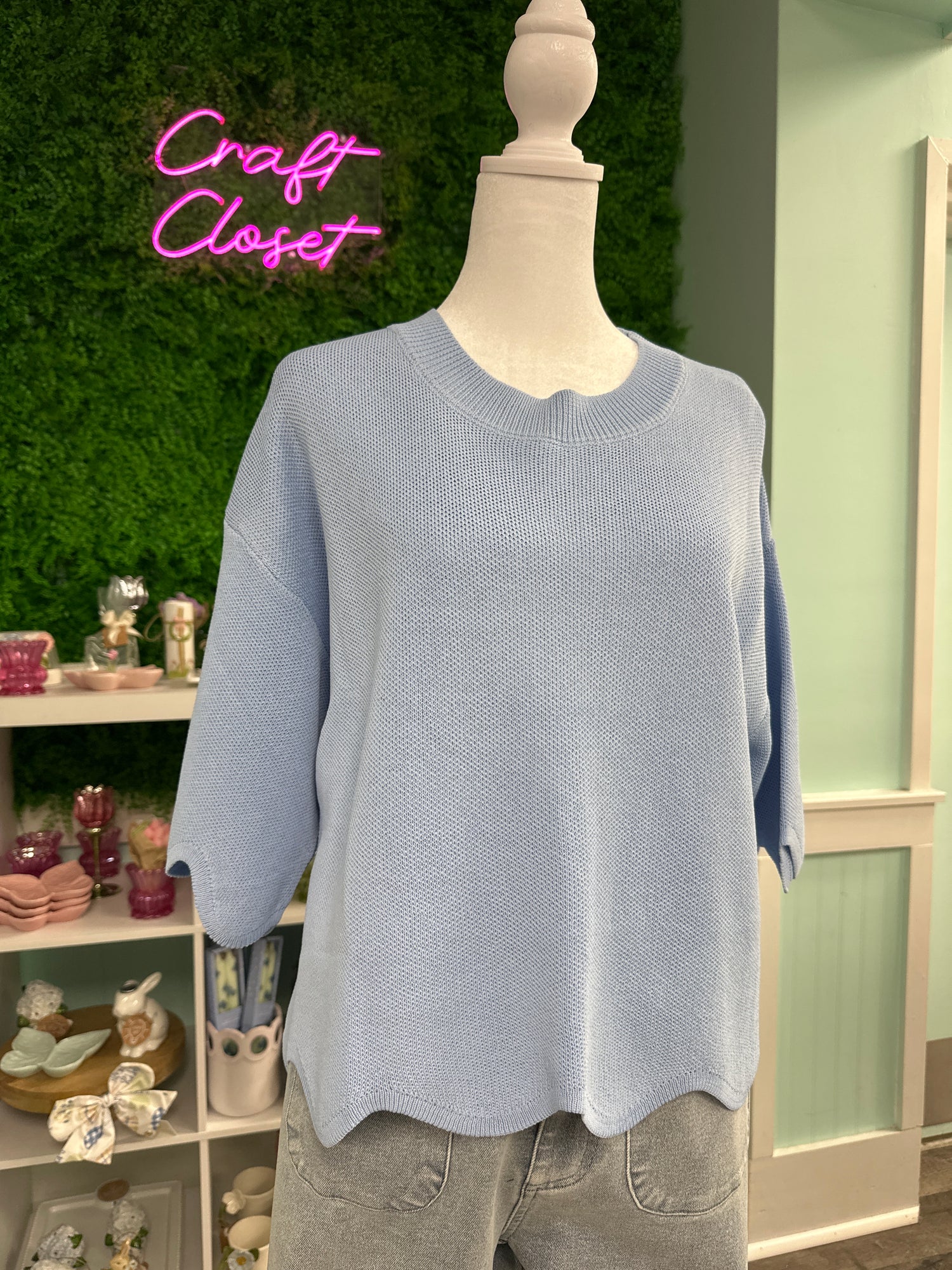 ENTRO Solid Scalloped Bottom Sweater In Light Blue *FINAL SALE*