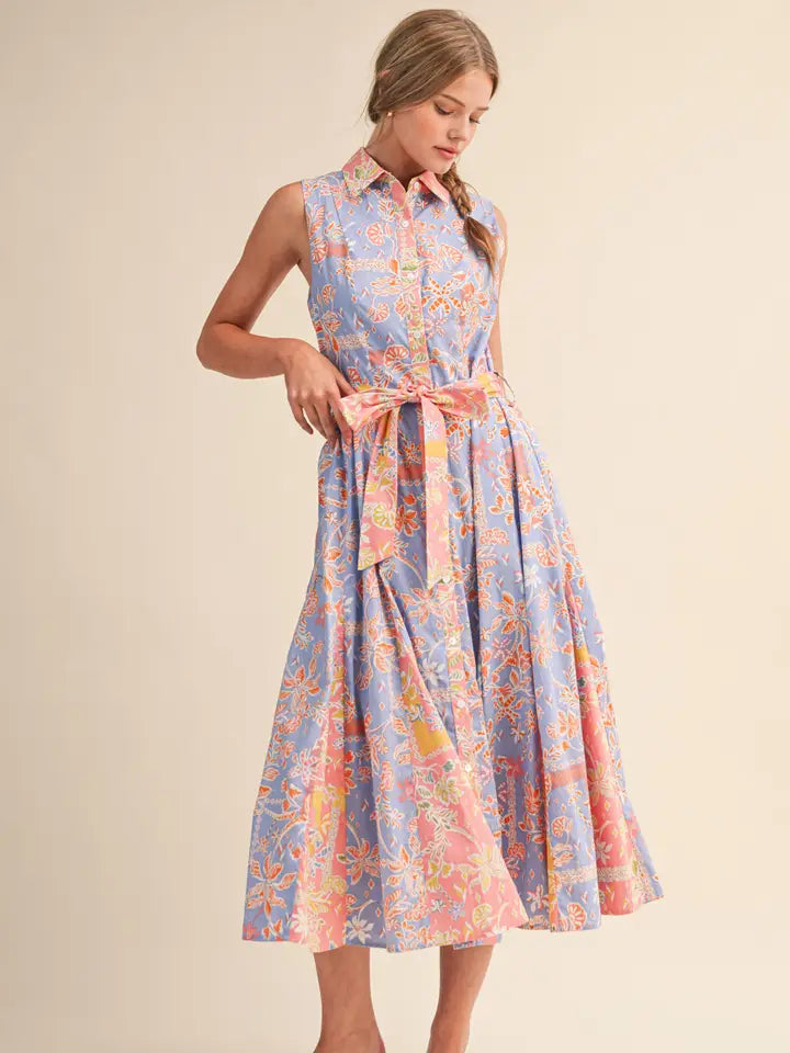 &MERCI Mixed Floral Print Belted Button Down Midi Dress