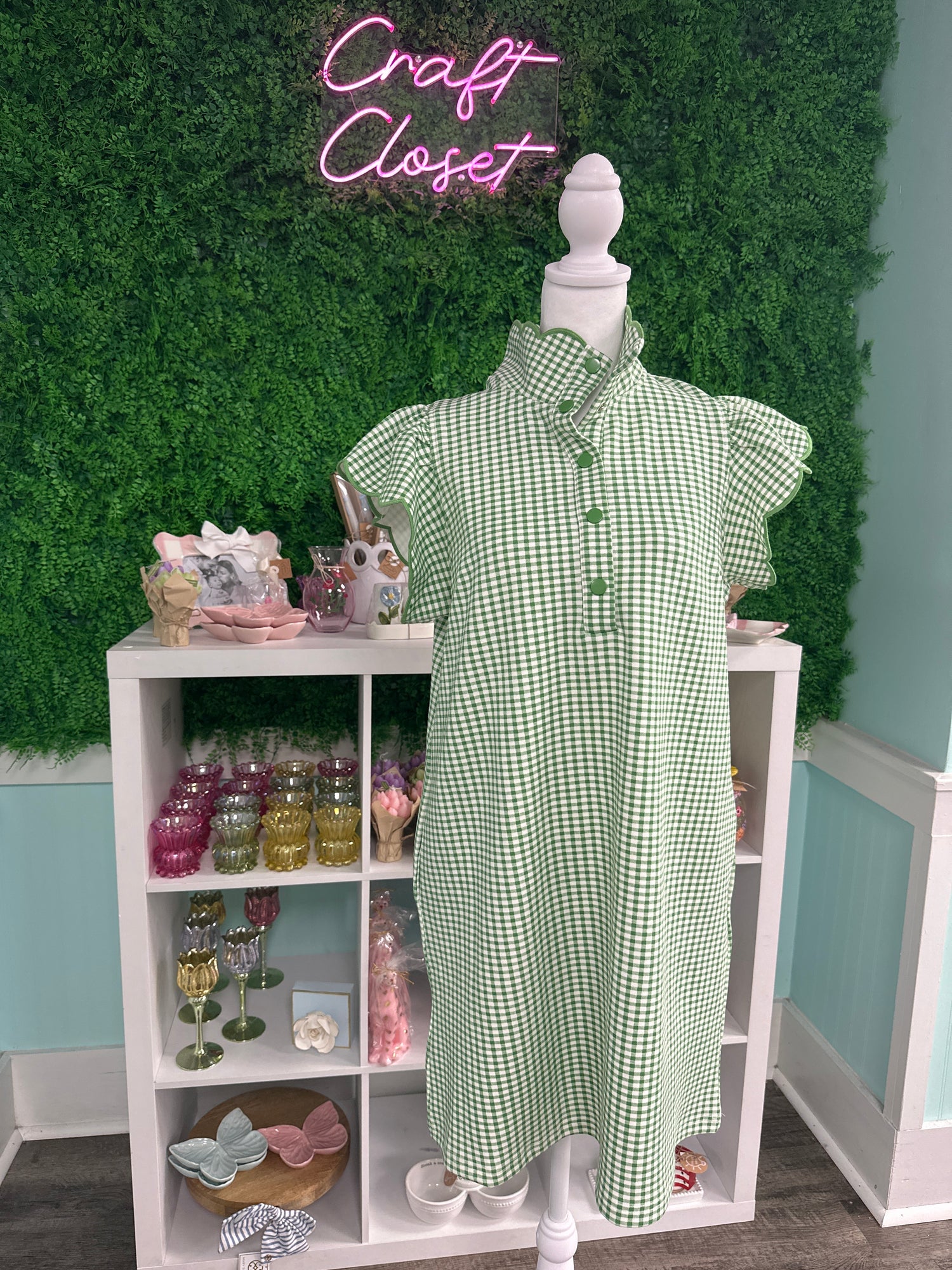 ENTRO Gingham Check Flutter Sleeve Mini Dress In Green