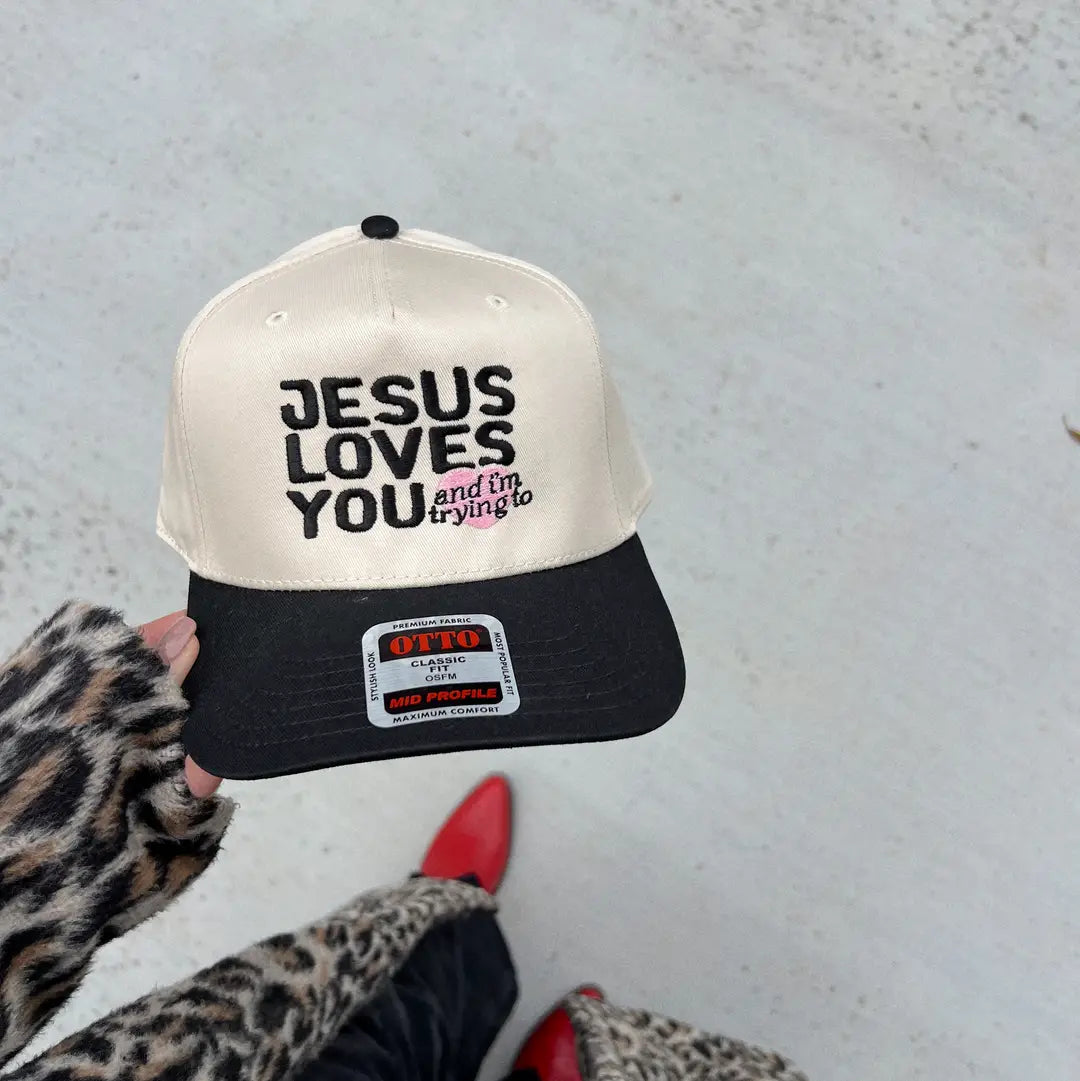 Jesus Loves You and I'm Trying To Black/Natural Embroidered