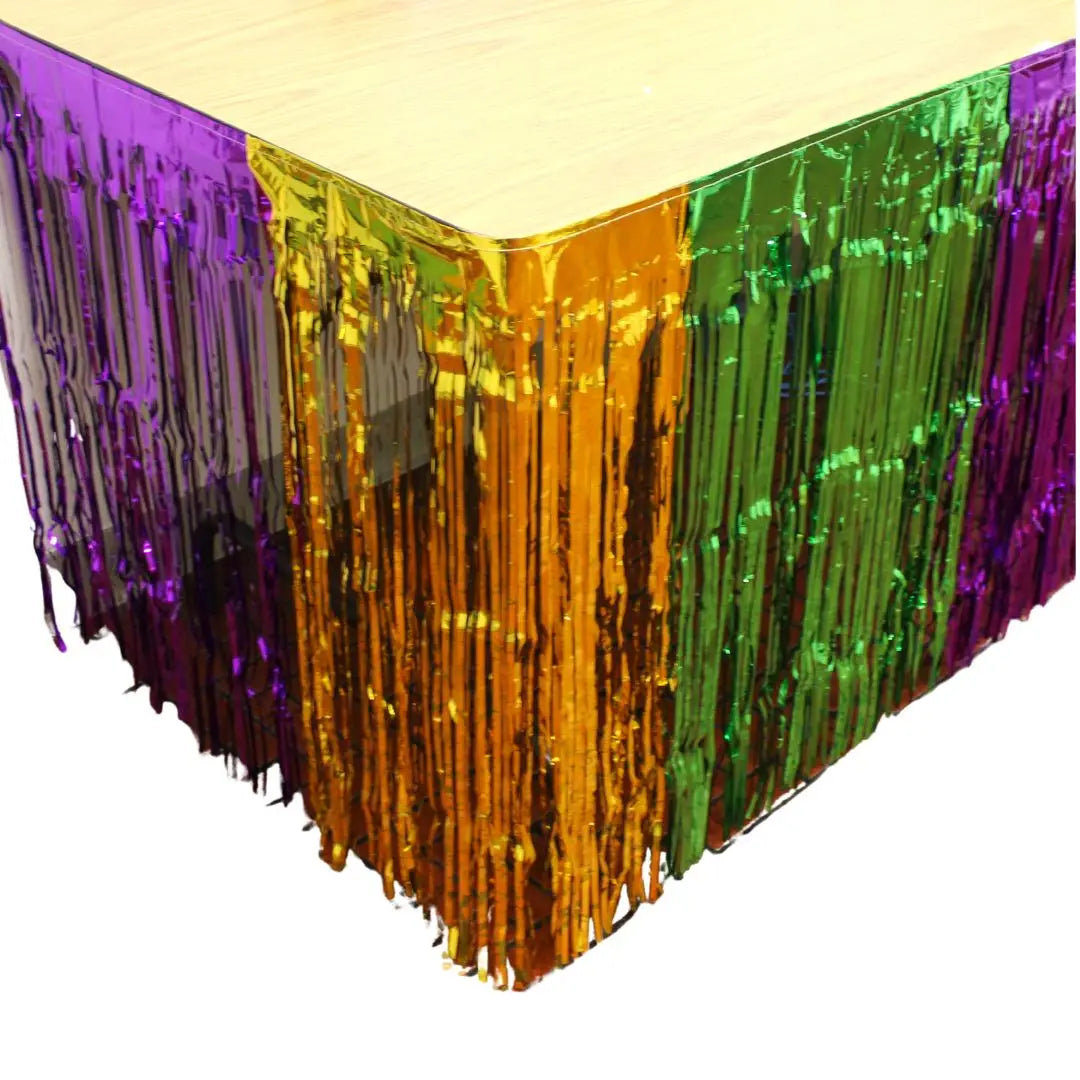 Purple, Green and Gold Metallic Table Skirt 9' X 2.5' (Each)