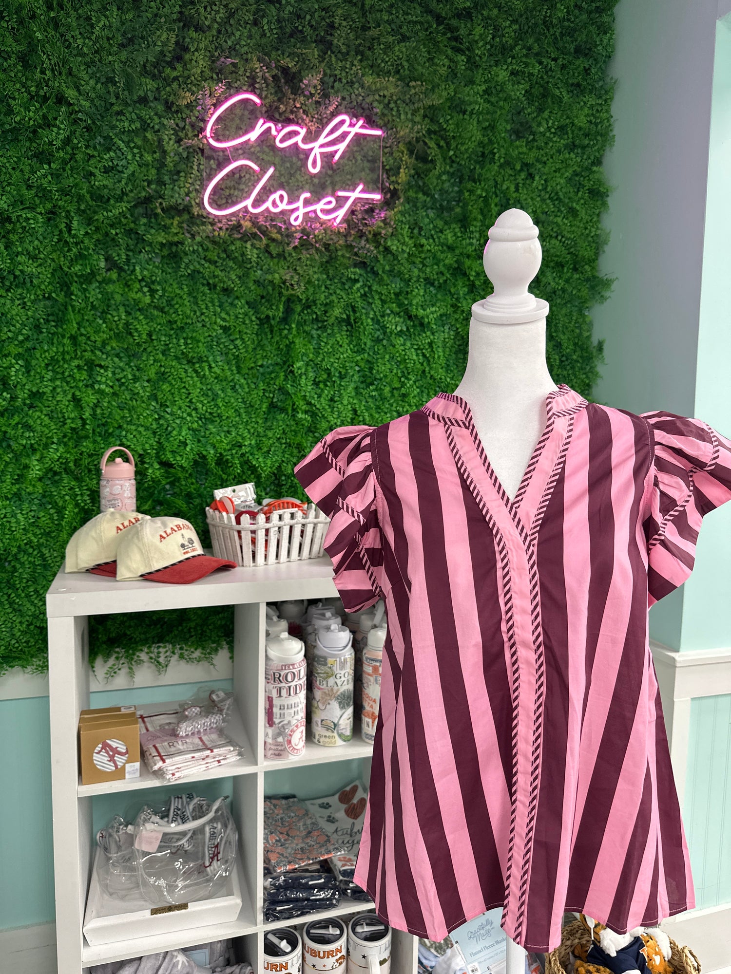 ENTRO Striped Flutter Sleeve Top With Braided Trim In Plum Pink