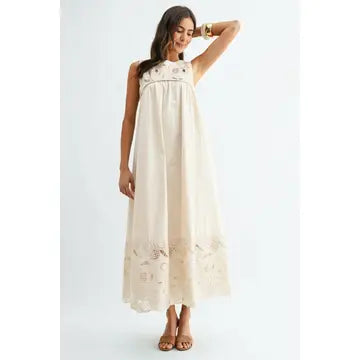 Boho Maxi Dress with Lace Details - Cream
