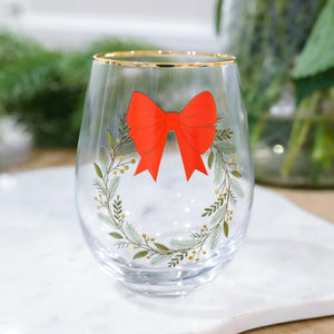 Mary Square Red Bow Wreath Wine Glass In Store Only