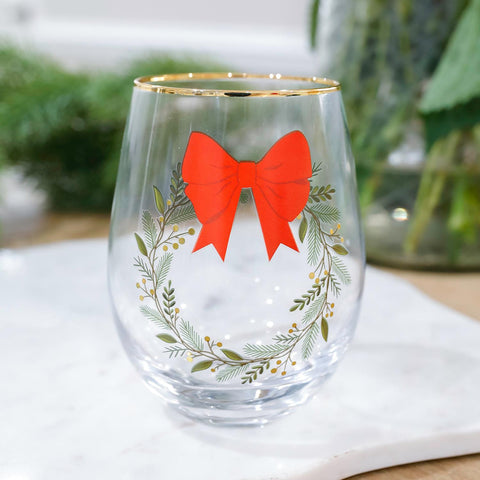Mary Square Red Bow Wreath Wine Glass In Store Only