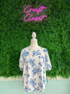 Barefoot Ladies #2061 Sky Blue Floral Tiered Puff Short Sleeve Pleated Bust Buttoned Shirt