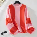 Lily Clothing- Color Contrast Short Crew Neck Pullover Sweater Orange