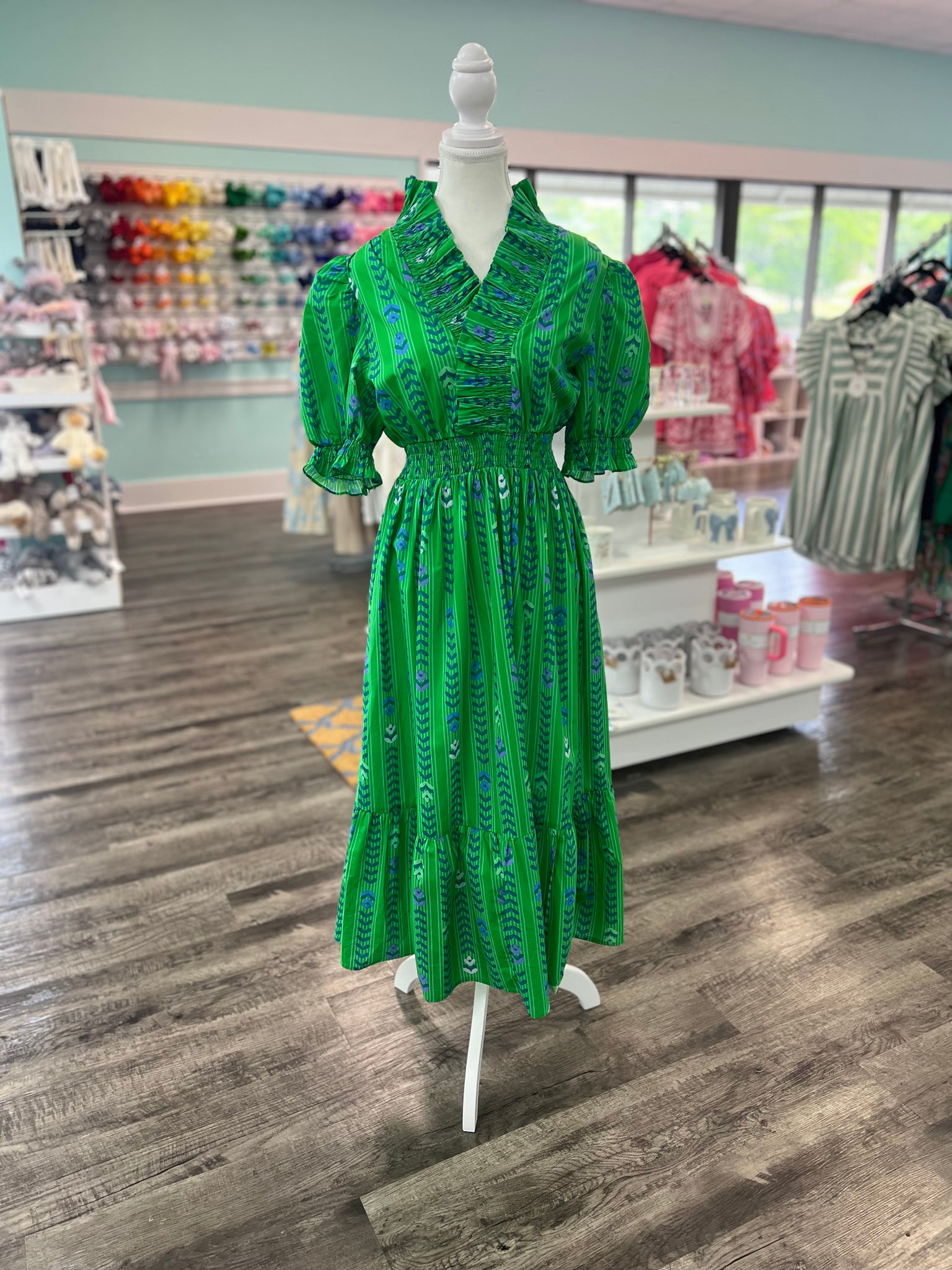Umgee V Neck Floral Print Green Dress