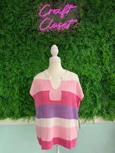 Barefoot Ladies #2068 Pink Color Block Notch V Neck Sweater T Shirt
