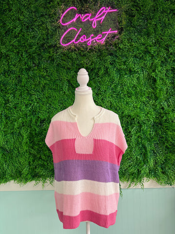 Barefoot Ladies #2068 Pink Color Block Notch V Neck Sweater T Shirt