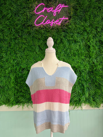 Barefoot Ladies #2067 Light Blue Color Block Notch V Neck Sweater T Shirt