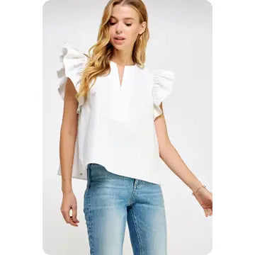 Strut & Bolt- Flutter Ruffle Sleeve Poplin Top Off White