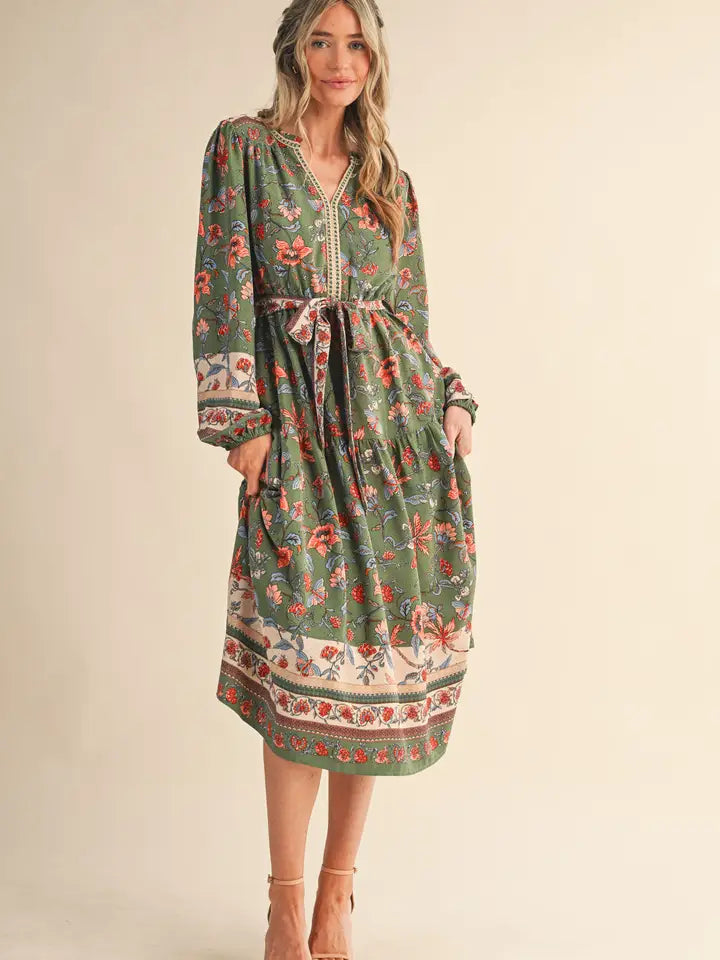 Floral Border Print Belted Midi Dress