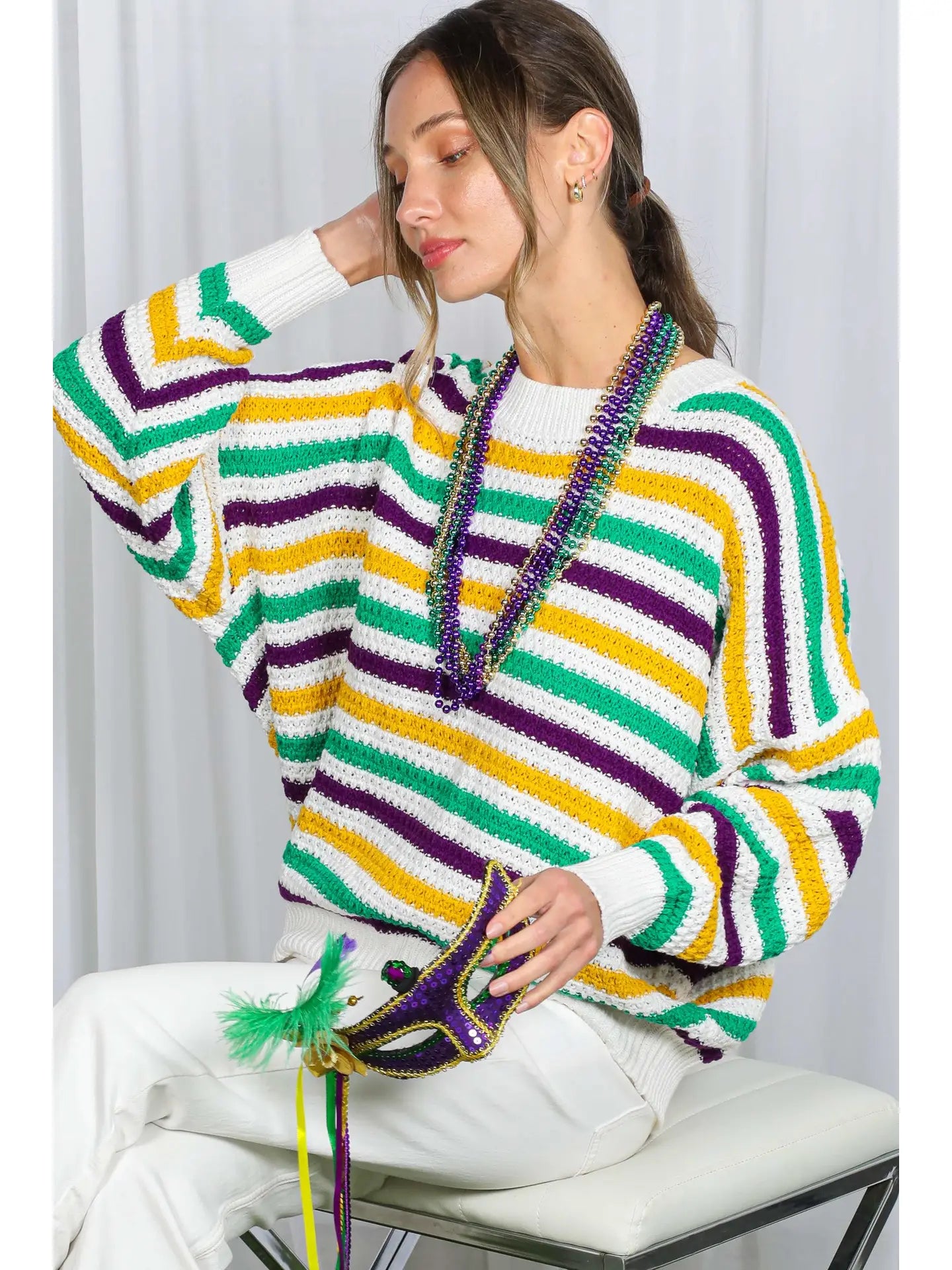 Crew Neck Textured Multi Stripe Mardi Gras Sweater