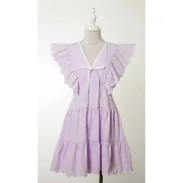 TCEC- V Neckline Bow Detail Scalloped Dress (Lavender)