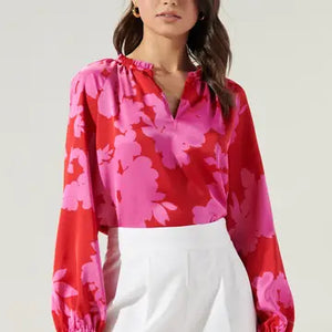 SC- Burning Love Jovie Split Neck Satin Raglan Blouse Cherry Pink