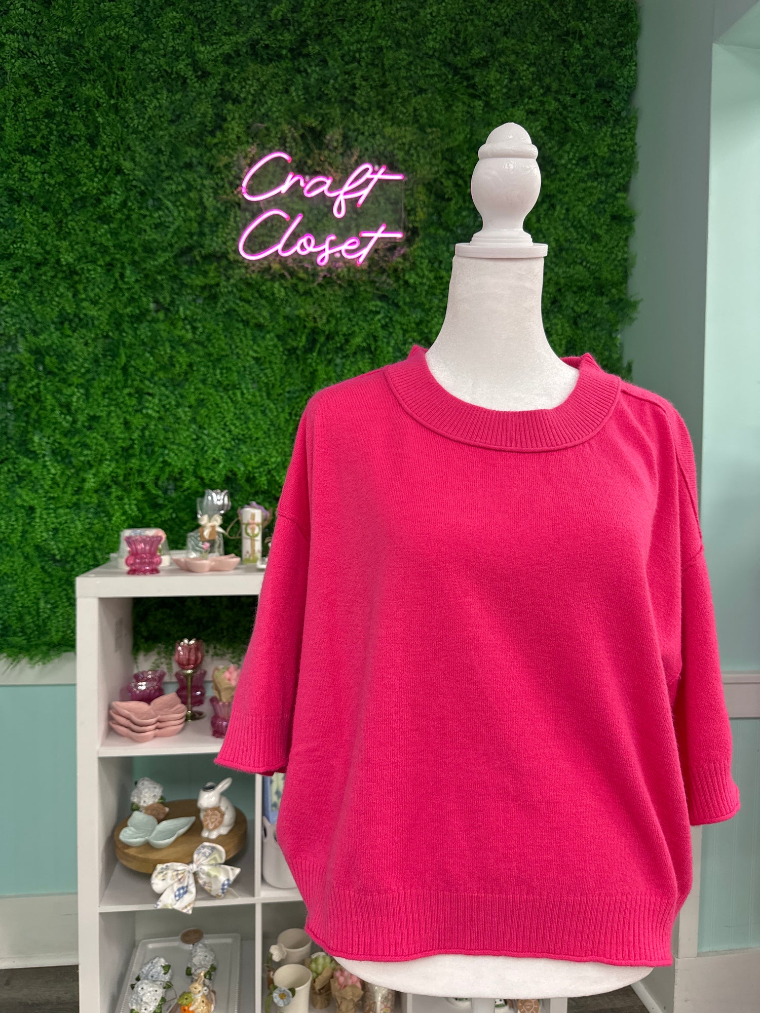 ENTRO Solid Sweater Knit 3/4 Sleeve Pullover In Pink