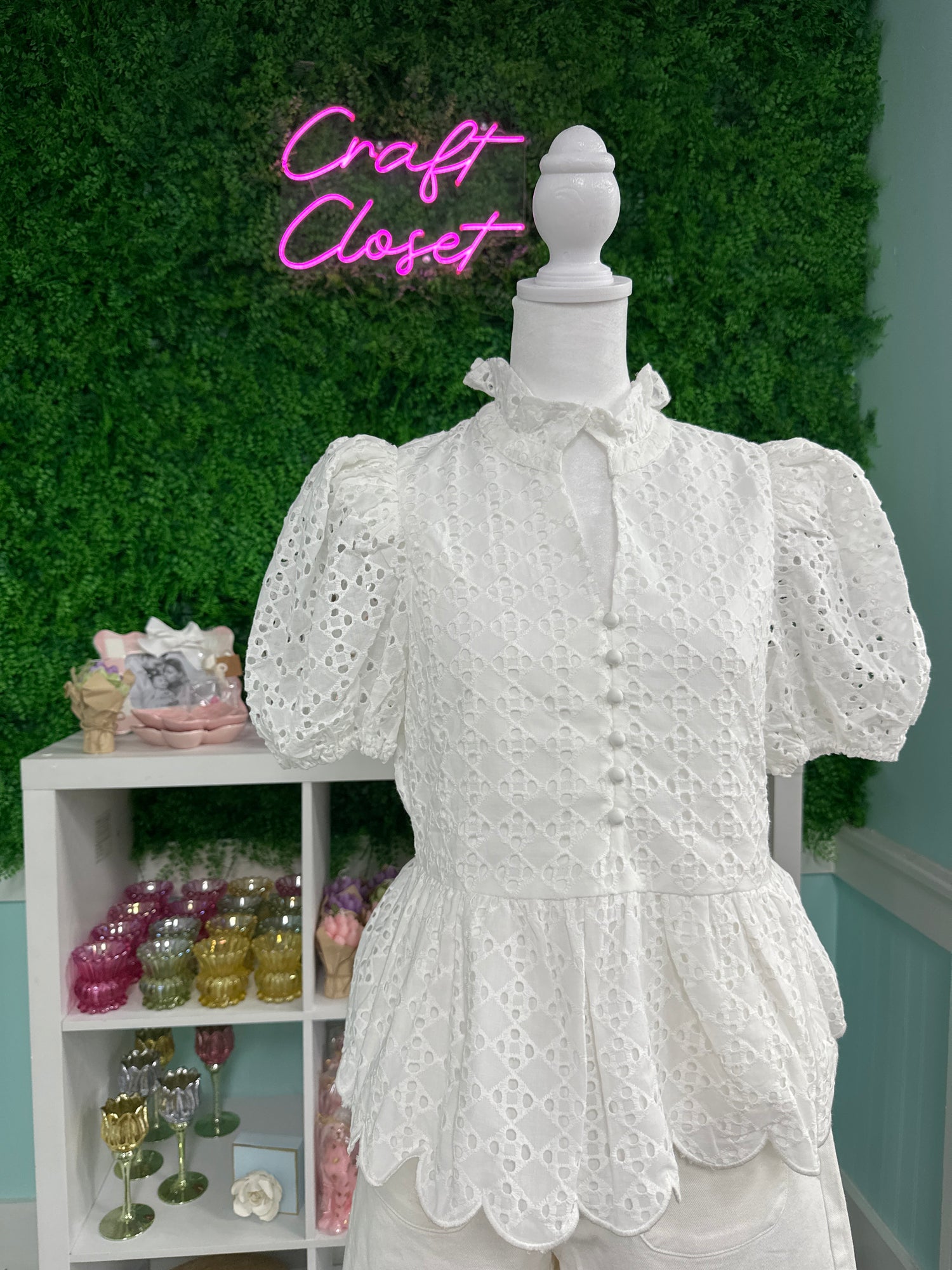 ENTRO Short Puff Sleeve Eyelet Top In Off White
