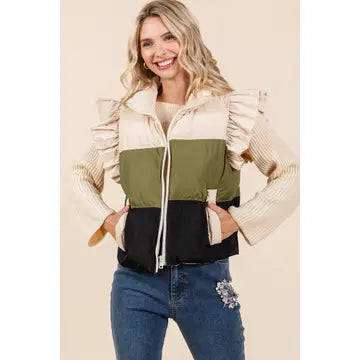 Color Block Ruffle Trim Puffer Vest