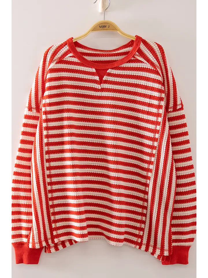 Very J- Stripe Waffle Top (Red/Cream)