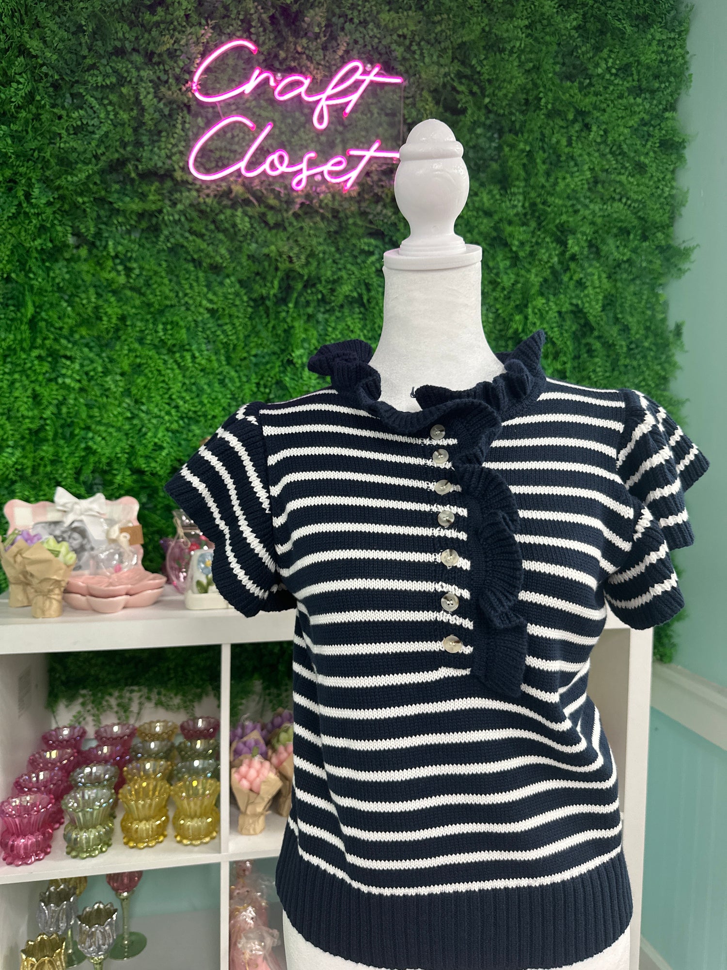 ENTRO Striped Ruffle Cap Sleeve Knit Top In Navy