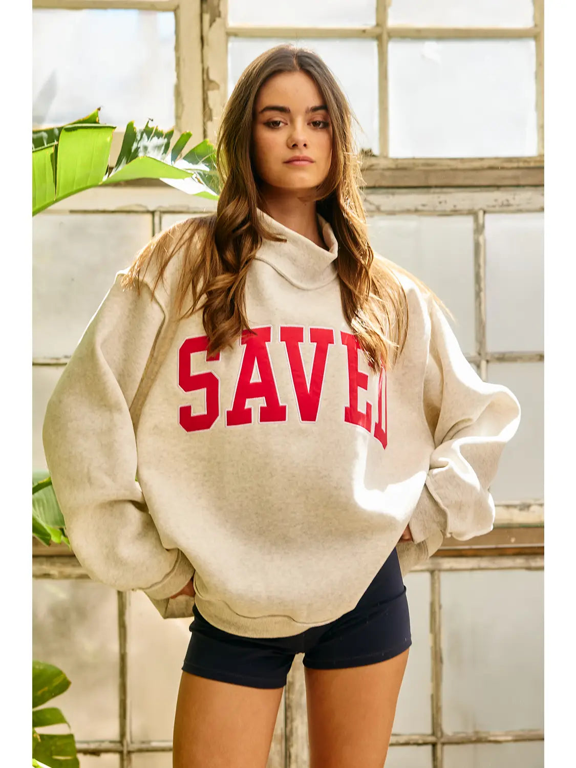 Ash Grey Embroidered "Saved" Mock Neck Sweatshirt
