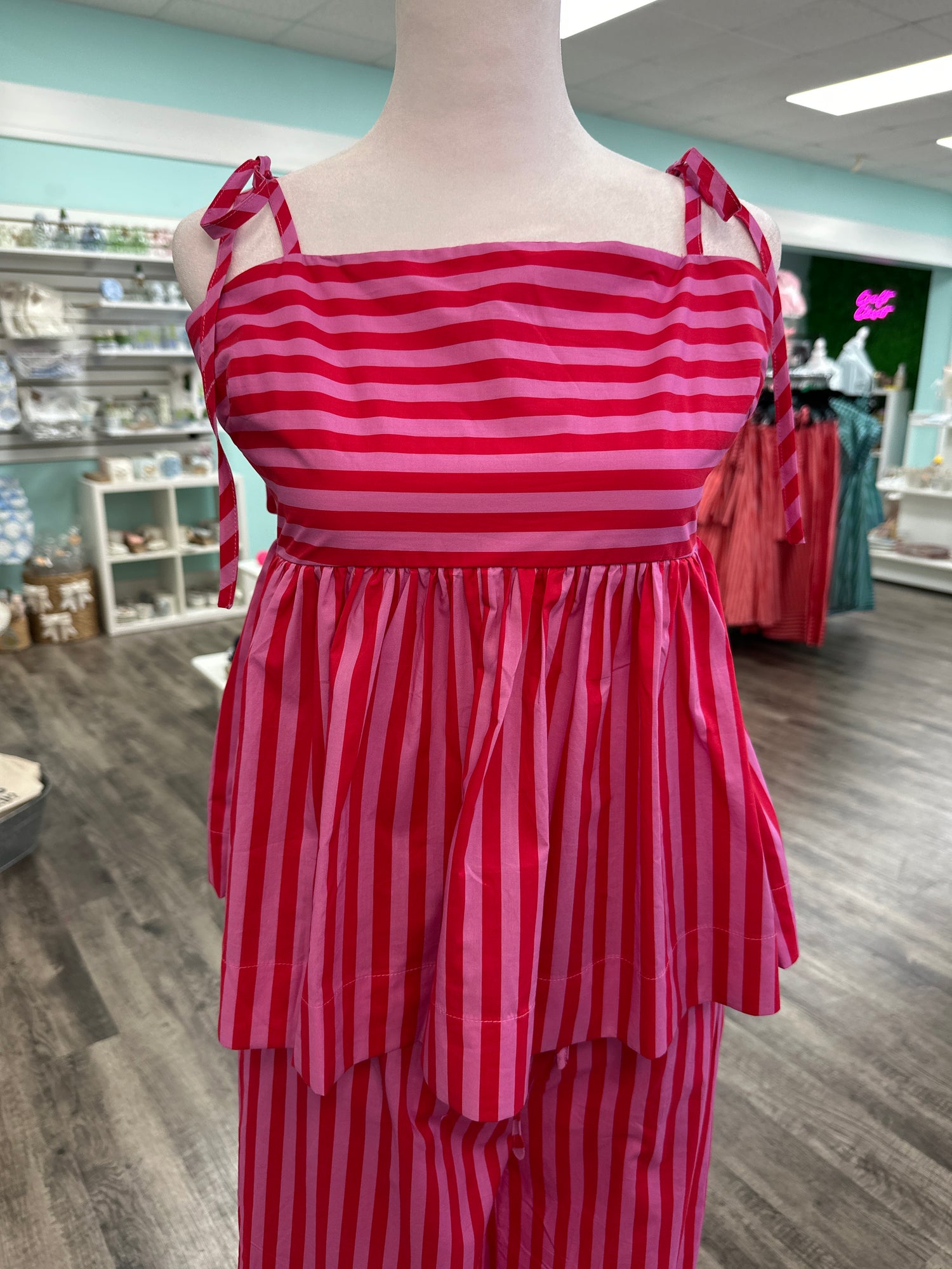 ENTRO Striped Tie Shoulder Tank In Red