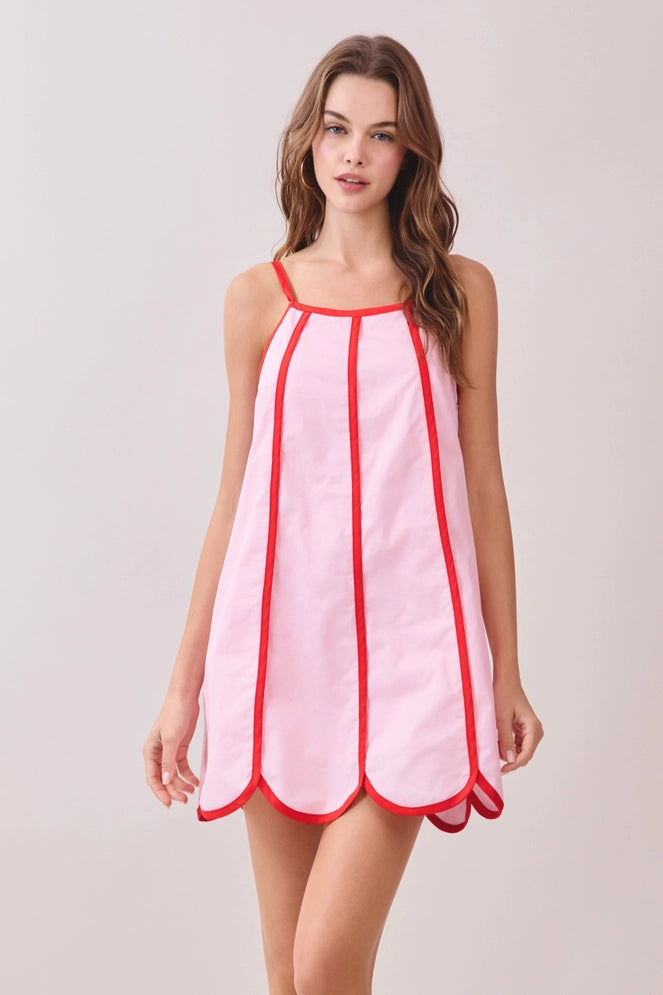 TCEC Contrast Trim Scalloped Hem Mini Dress In Pink