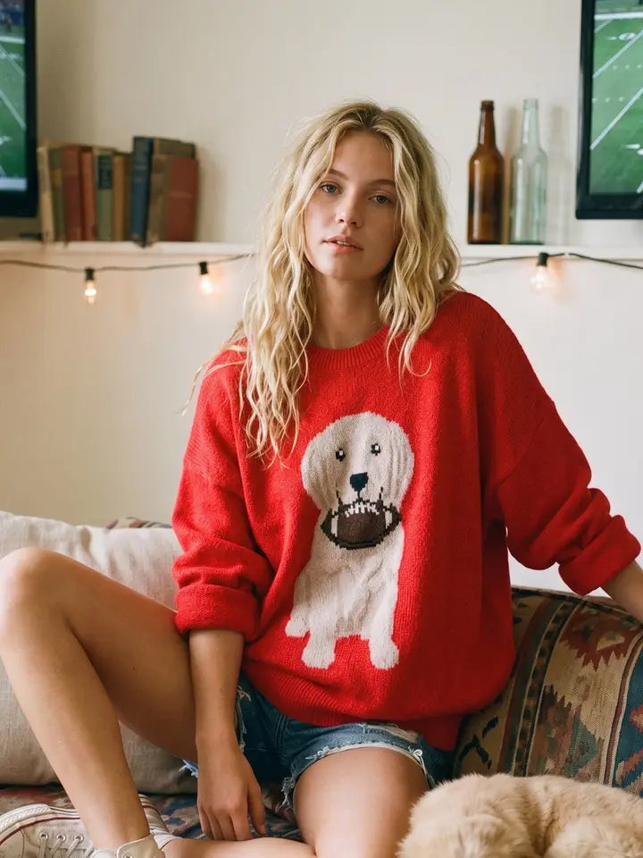 Red Oversized Gameday Football Puppy Sweater