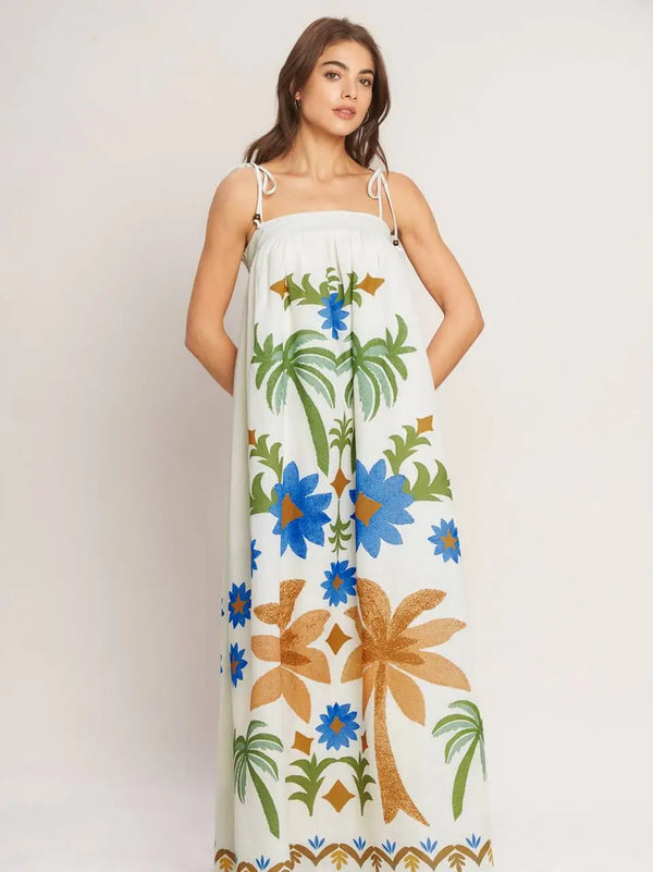 Tropical Palm Printed Woven Maxi Dress