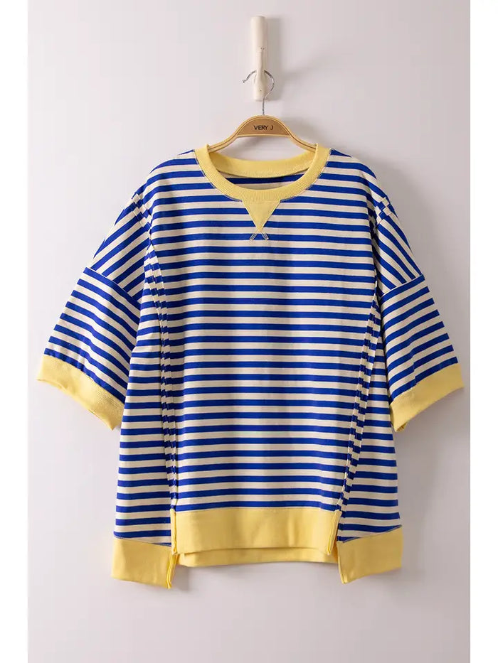 Very J- Oversized Stripe Casual Knit Top (Blue/Cream)