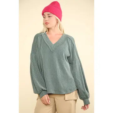 Two Tone Otto Ribbed V-Neck Oversized Knit Top