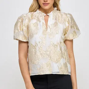 Ellison- Gold Foiled V-Neck Puff Sleeve Top Gold