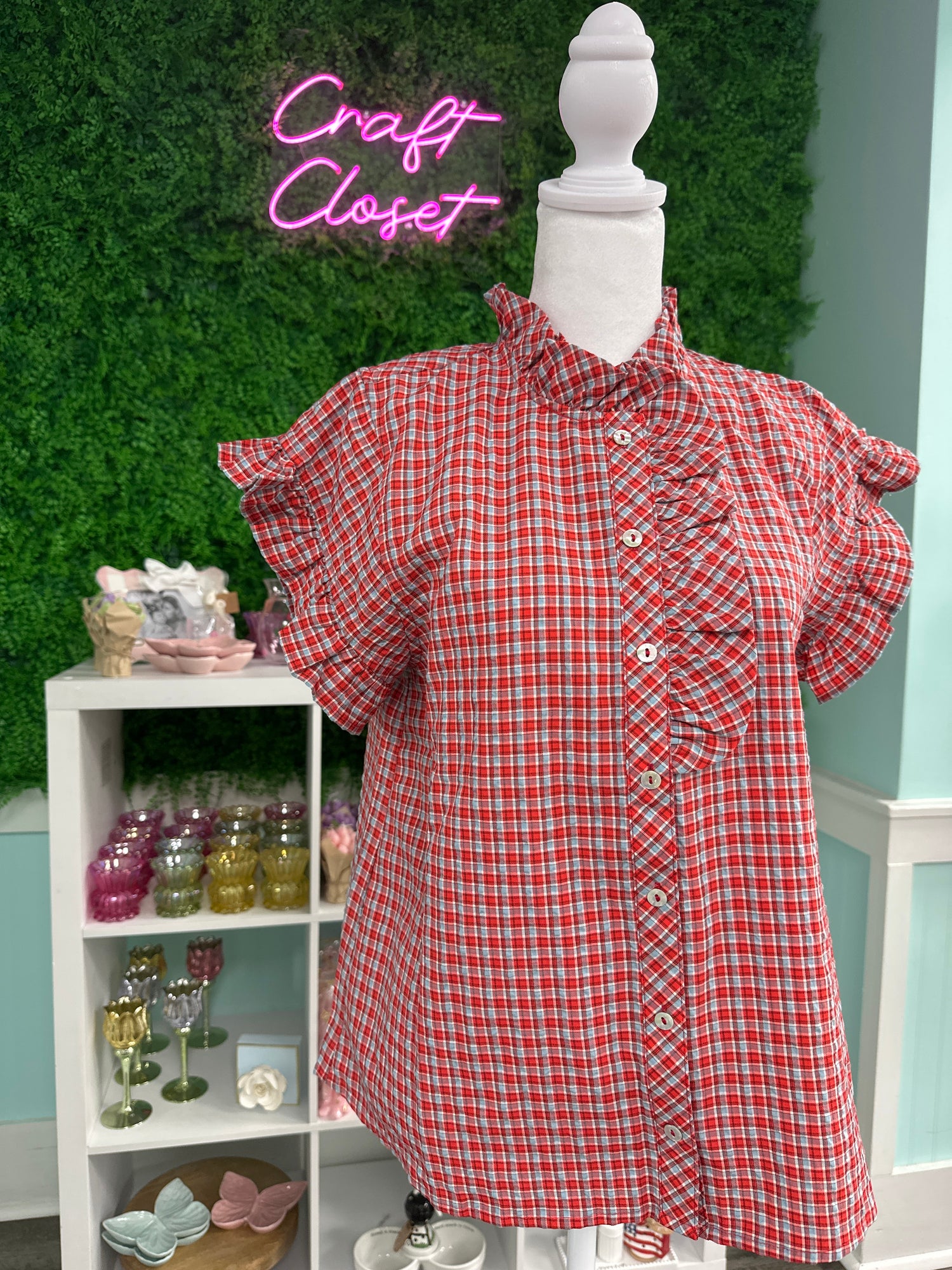 ENTRO Plaid Flutter Sleeve Top With Ruffle Trim In Red