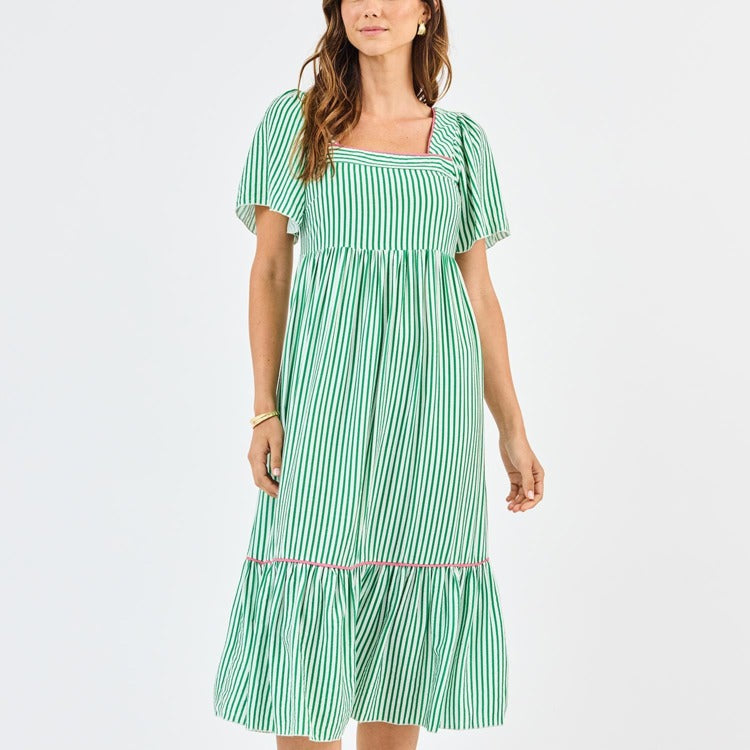 Mary Square Milena Dress In Green & White