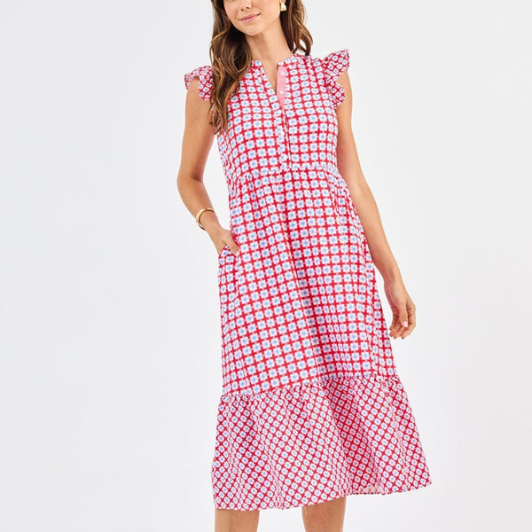 Mary Square Riley Flutter Dress In Red & Blue Gingham